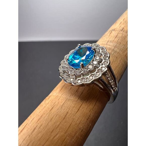 Blue and white CZ halo sterling silver ring size 8 - Picture 8 of 11